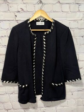 ST JOHN COLLECTION BLACK KNIT OPEN CARDIGAN JACKET WHITE TRIM SIZE XL